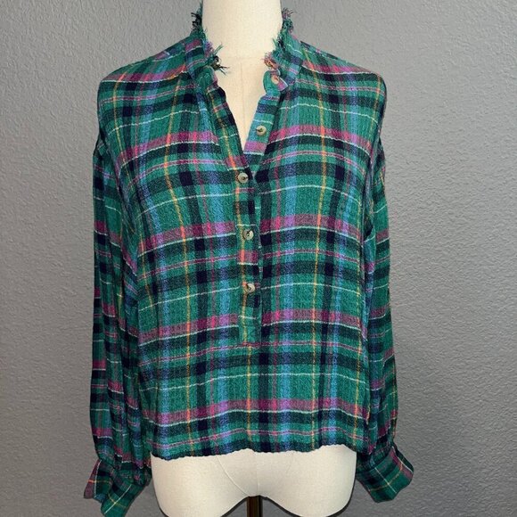 ANTHROPOLOGIE PILCRO Cropped Oversized Puff-Sleeve Soft Crinkle Plaid Blouse XS - Picture 1 of 14